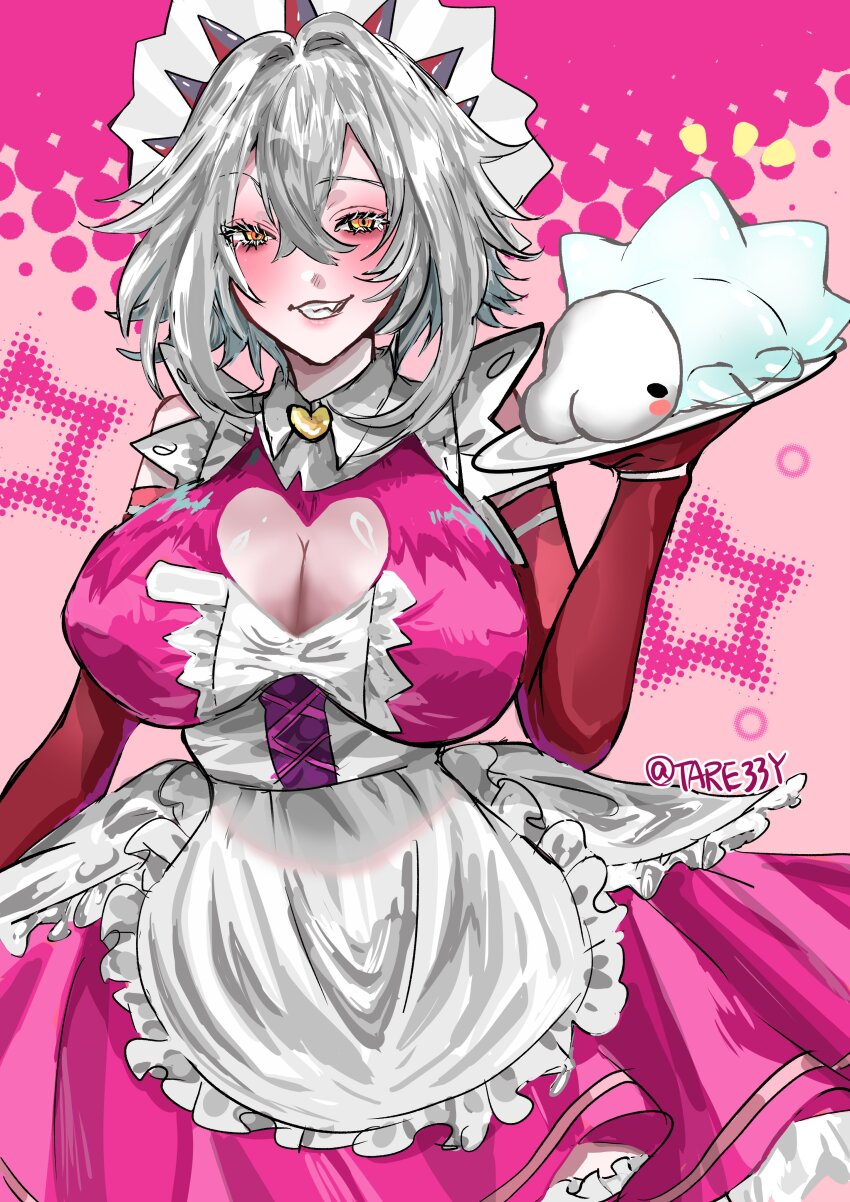 1girl absurdres apron blush breasts cleavage cleavage_cutout clothing_cutout crossed_bangs elbow_gloves fang gen_8_pokemon gloves grey_hair highres holding holding_plate large_breasts long_hair looking_at_viewer maid maid_apron maid_headdress nintendo plate pokemon pokemon_(creature) red_gloves short_hair sidelocks smile snom solo star_(symbol) tare33y virtual_youtuber vshojo white_apron yellow_eyes zentreya zentreya_(cyborg)