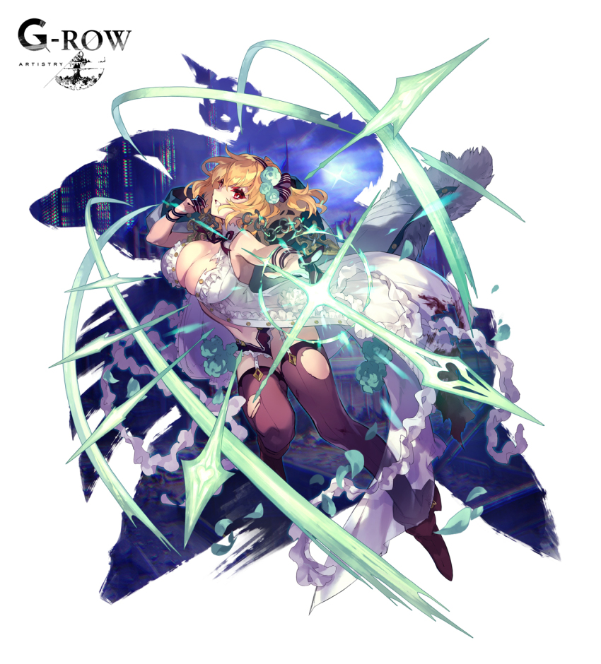 1girl arrow_(projectile) blonde_hair breasts brown_footwear brown_socks building chain da-kuro dress eros_(phantom_of_the_kill) fighting_stance flower garter_straps green_flower hair_flower hair_ornament hair_ribbon highres large_breasts looking_at_viewer neck_ribbon night night_sky off_shoulder official_alternate_costume official_art open_mouth petals phantom_of_the_kill red_eyes red_ribbon ribbon short_hair short_shorts shorts sky socks solo thighhighs white_background white_dress