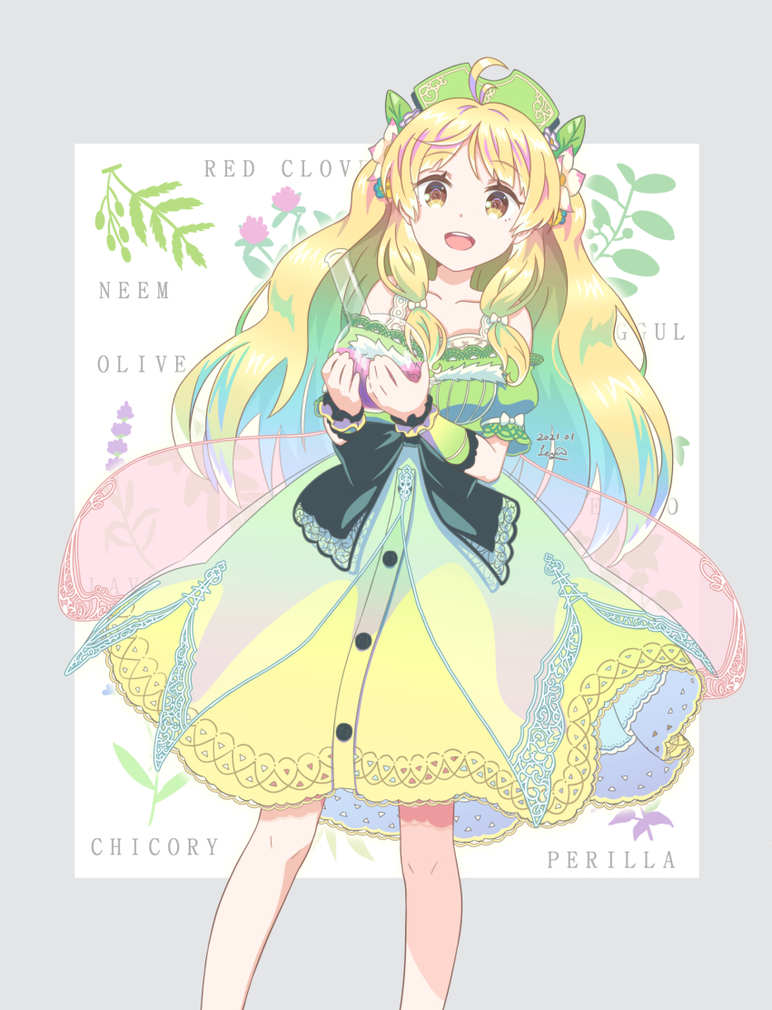 1girl :d atelier_(series) atelier_ayesha ayesha_altugle bare_shoulders blonde_hair bow brown_eyes commentary_request dress feet_out_of_frame flask flower green_dress green_hat hair_flower hair_ornament hat highres holding holding_flask leyin_(lydusk) long_hair looking_at_viewer off-shoulder_dress off_shoulder open_mouth round-bottom_flask smile solo standing waist_bow wrist_cuffs