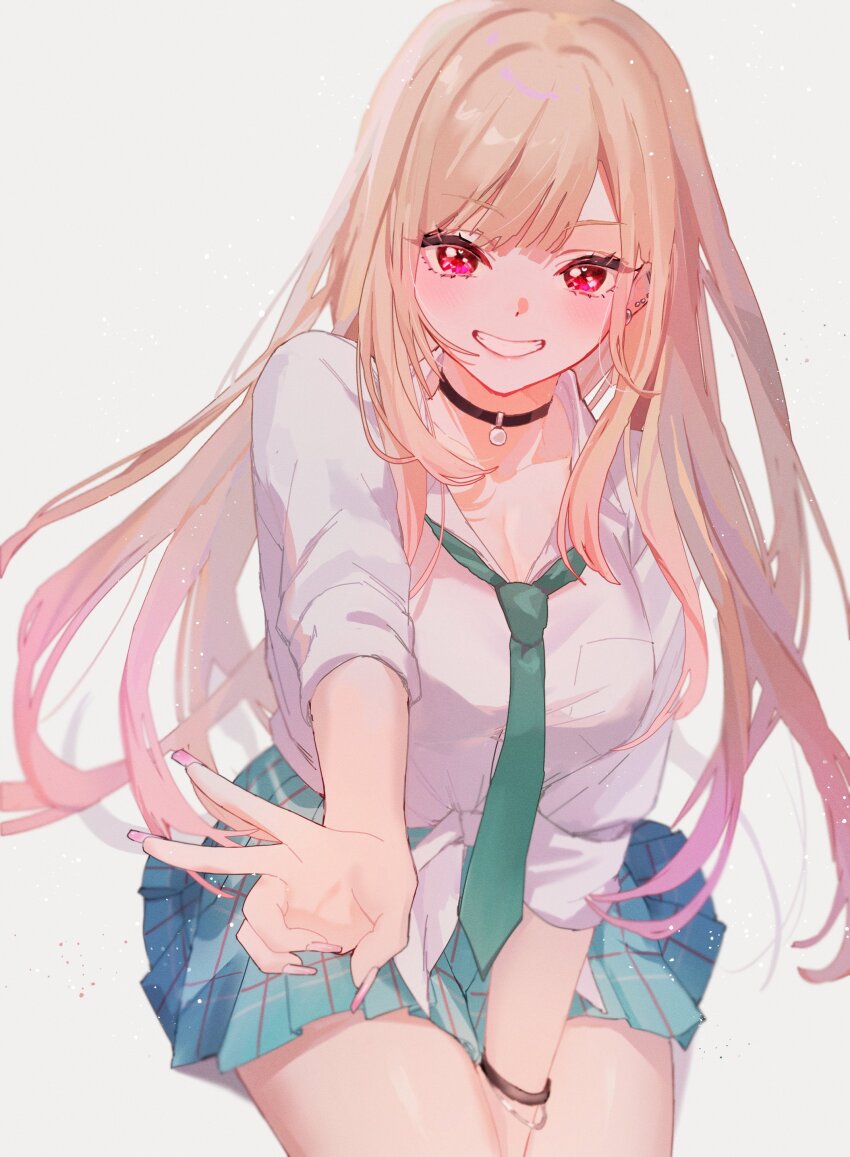 1girl absurdres aqua_skirt between_legs black_choker blonde_hair bracelet breasts choker cleavage collared_shirt commentary_request cowboy_shot green_necktie grin gyaru hand_between_legs highres jewelry kitagawa_marin kuqfh large_breasts long_hair looking_at_viewer multiple_bracelets necktie outstretched_arm partial_commentary pink_nails pleated_skirt red_eyes shirt simple_background sitting skirt smile solo sono_bisque_doll_wa_koi_wo_suru v white_shirt