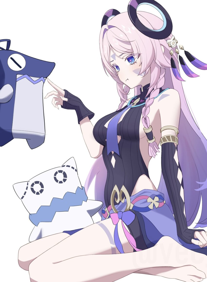 1girl :t asymmetrical_gloves bare_shoulders barefoot black_gloves black_leotard blue_eyes blush braid breasts citlali_(genshin_impact) citlalin_(genshin_impact) closed_mouth commentary facial_mark fingerless_gloves fingernails floating_headgear forehead_mark from_side genshin_impact gloves hashtag-only_commentary headgear highres itzpapa_(genshin_impact) leotard long_hair medium_breasts multicolored_hair pink_hair pink_pupils purple_hair sideboob simple_background sitting sleeveless_turtleneck_leotard solo triangle triangle_facial_mark twin_braids uneven_gloves vec_ka very_long_hair white_background