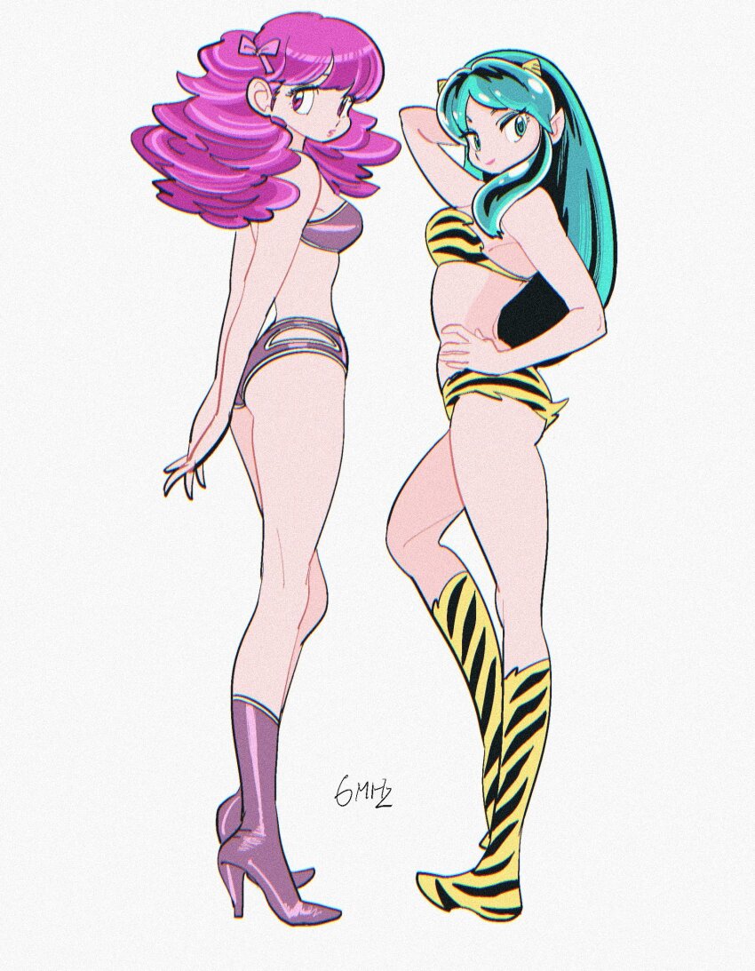 2girls animal_print aqua_eyes aqua_hair arm_behind_head arms_behind_back artist_name ass bare_arms bare_shoulders bikini boots bow breasts closed_mouth full_body hair_bow hand_in_own_hair high_heel_boots high_heels highres horns long_hair lum medium_breasts midriff muda_rengou_to_ziggy_stardust multiple_girls oni parted_bangs pink_bow pointy_ears print_bikini print_boots purple_bikini purple_boots purple_eyes purple_hair ran_(urusei_yatsura) sidelocks smile standing swimsuit thighs tiger_print urusei_yatsura white_background