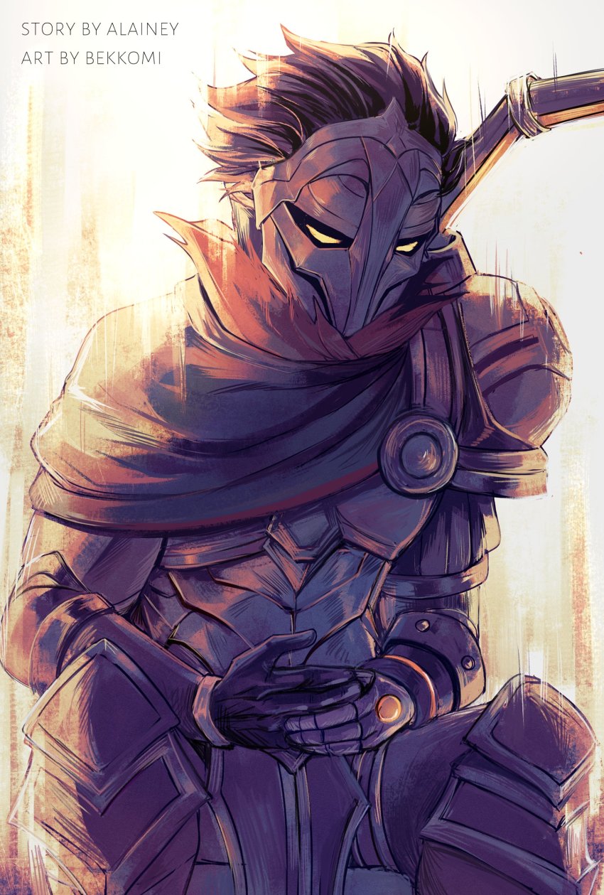 1boy absurdres armor artist_name bekkomi brown_background cape commentary english_commentary gloves glowing glowing_eyes hair_slicked_back highres league_of_legends male_focus short_hair shoulder_armor sitting solo viktor_(league_of_legends)