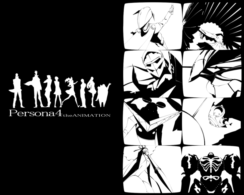 6+boys 6+girls amagi_yukiko androgynous atlus copyright_name dual_persona everyone greyscale hanamura_yousuke hei_jin himiko_(persona_4) izanagi_(persona_4) jacket jacket_on_shoulders jiraiya_(persona_4) kintoki-douji konohana_sakuya_(persona) kujikawa_rise kuma_(persona_4) monochrome multiple_boys multiple_girls narukami_yu pants persona persona_4 reverse_trap satonaka_chie school_uniform serafuku shirogane_naoto silhouette skirt sukuna_hikona take-mikazuchi tatsumi_kanji tomoe_(persona_4) weapon