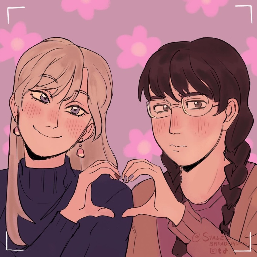 2girls artist_name black_hair black_sweater blonde_hair blue_eyes blush brown_eyes brown_jacket couple earrings embarrassed eyebrows eyebrows_hidden_by_hair floral_background frown glasses heart heart_hands heart_hands_duo jacket jewelry kurume_makoto long_sleeves looking_at_viewer multiple_girls murashige_yuzuki nail_polish pink_background pink_shirt shirt skip_to_loafer smile stale_breadcrumb sweater watermark yuri