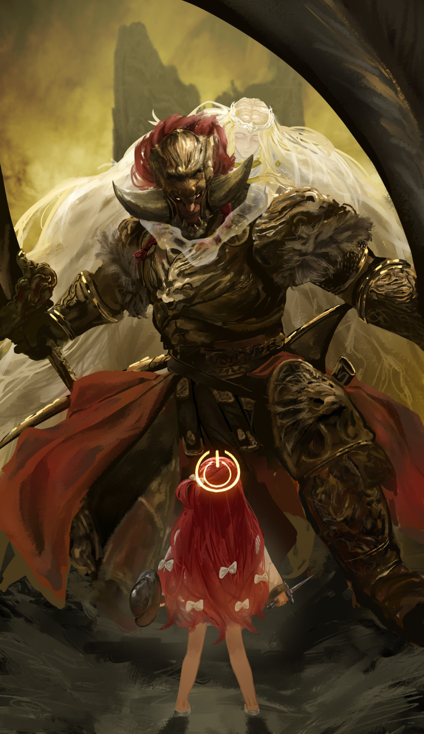1girl 2boys aircctzillie armor blonde_hair blue_archive buckler cape carrying dagger dual_wielding elden_ring elden_ring:_shadow_of_the_erdtree fake_horns gold_armor greatsword hair_ornament halo helmet highres holding holding_dagger holding_knife holding_sword holding_weapon horned_helmet horns knife long_hair miquella_(elden_ring) multiple_boys piggyback red_hair shield sky spoilers standing starscourge_radahn sword weapon yellow_halo yellow_sky yuzu_(blue_archive)