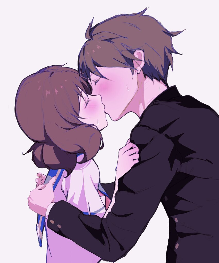 1boy 1girl blush brown_hair closed_eyes clothes_grab hetero hibike!_euphonium highres hug kiss kitauji_high_school_uniform lie_lack1080 medium_hair messy_hair oumae_kumiko school_uniform short_hair sleeve_grab sweat tsukamoto_shuuichi
