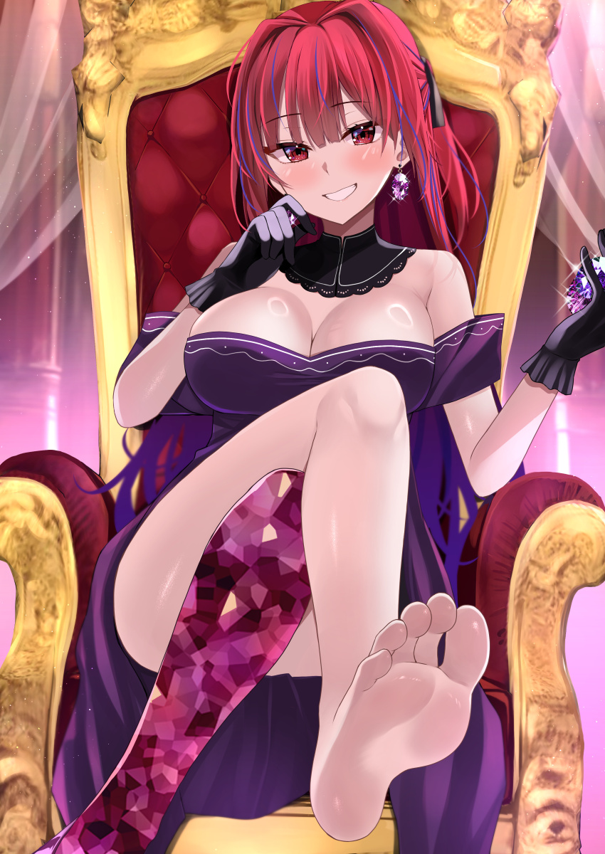 1girl :d absurdres bare_shoulders barefoot black_gloves blue_hair blunt_bangs blush borrowed_character breasts cleavage commentary_request commission convenient_leg crossed_legs detached_collar dress earrings eyelashes feet foot_out_of_frame gem glint gloves grin hair_intakes half_updo hands_up happy highres indoors jewelry large_breasts long_hair looking_at_viewer multicolored_hair off-shoulder_dress off_shoulder open_mouth original purple_dress purple_gemstone red_eyes red_hair single_thighhigh sitting sitting_on_throne skeb_commission smile soles solo streaked_hair thighhighs toes tsurime urakawa_^p^