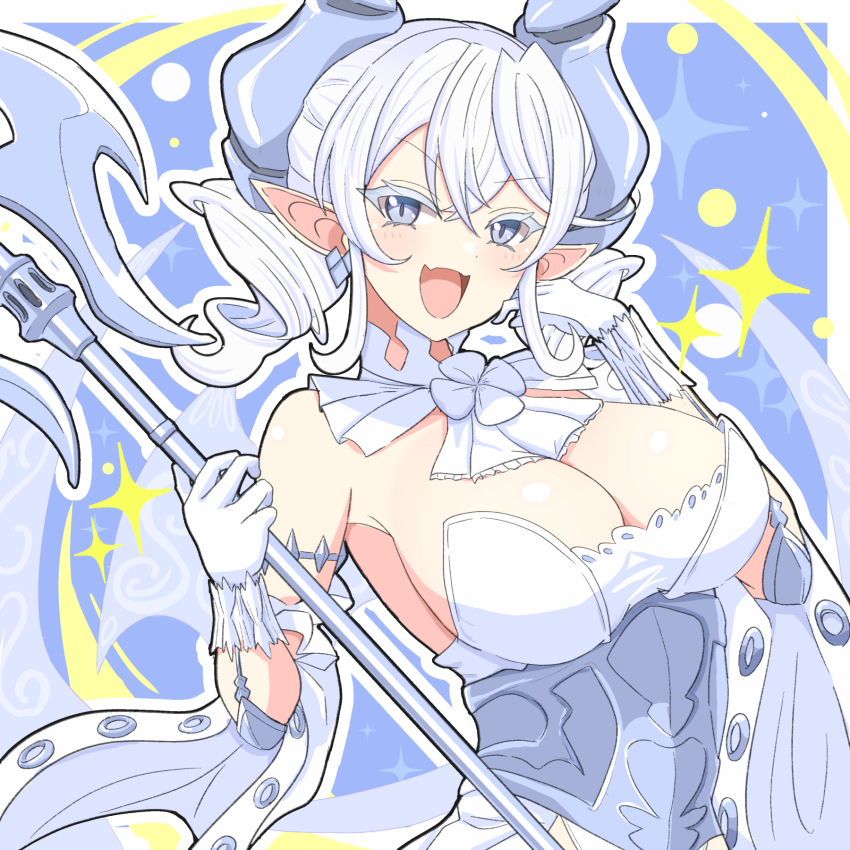 1girl arched_back armored_corset breasts daiichi_(k_daiiti) demon_girl demon_horns detached_sleeves dress drill_hair duel_monster grey_hair highres holding holding_polearm holding_weapon horns large_breasts lovely_labrynth_of_the_silver_castle pointy_ears polearm smile solo strapless strapless_dress twintails upper_body weapon white_dress white_hair yu-gi-oh!