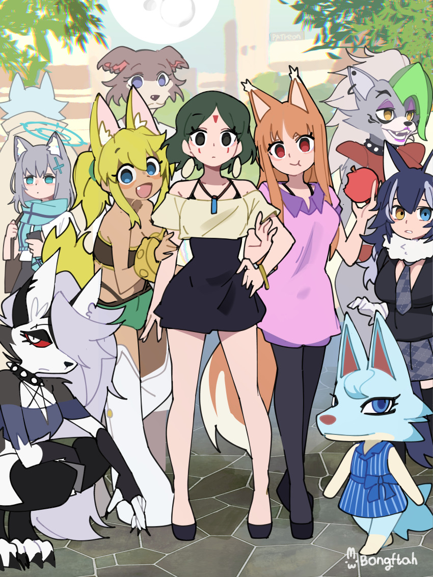 1boy 6+girls :/ :d :t absurdres adapted_costume animal_crossing animal_ear_fluff animal_ears animal_feet animal_nose apple artist_name asymmetrical_bangs asymmetrical_hair bag bare_arms bare_shoulders beastars belt_bra black_claws black_dress black_eyeshadow black_fur black_hair black_nails black_pantyhose black_shoes black_skirt black_thighhighs blonde_hair blue_archive blue_bow blue_eyes blue_fur blue_halo blue_scarf blue_shirt body_fur bongftah boots bow bracelet brand_new_animal breasts bright_pupils brown_fur brown_hair cellphone checkered_clothes checkered_necktie checkered_skirt city collar collarbone colored_sclera commentary contemporary crop_top cross_hair_ornament crossed_legs crossover dark-skinned_female dark_skin day denim denim_shorts double-parted_bangs dress droopy_ears earrings eating extra_ears eyeshadow facial_mark fang fangs fingerless_gloves fingernails five_nights_at_freddy&#039;s five_nights_at_freddy&#039;s:_security_breach floating_earrings food food_bite forehead_mark from_behind fruit full_moon fur_collar furry furry_female furry_male gloves green_hair green_shorts grey_fur grey_hair grey_necktie grey_skirt grey_wolf_(kemono_friends) hair_between_eyes hair_ornament hair_over_one_eye hairpin halo hand_on_another&#039;s_arm hand_on_own_hip hellaverse helluva_boss heterochromia highres holding holding_food holding_fruit holding_phone holding_strap holo inverted_pentagram jewelry juno_(beastars) kemono_friends large_breasts liru long_eyelashes long_fingernails long_hair long_sidelocks looking_at_viewer loona_(helluva_boss) makeup mascara medium_breasts medium_hair messy_hair midriff miniskirt mononoke_hime moon multicolored_hair multiple_girls necklace necktie nintendo notched_ear off-shoulder_shirt off_shoulder ogami_shirou open_mouth outdoors pantyhose parted_bangs phone ponytail purple_eyes purple_lips purple_shirt purple_shorts red_eyes red_sclera renkin_san-kyuu_magical_pokaan roxanne_wolf san_(mononoke_hime) scarf shiroko_(blue_archive) shirt shoes short_dress short_sleeves shorts shoulder_bag shoulder_pads sidelocks skirt smartphone smile snout spice_and_wolf spiked_collar spikes squatting standing stirrup_legwear streaked_hair stud_earrings studded_collar suspenders symbol-only_commentary tail thigh_boots thighhighs tiles toeless_legwear trait_connection tree two-tone_hair very_long_hair white_boots white_gloves white_pupils white_shirt white_streaks whitney_(animal_crossing) wing_collar wolf_ears wolf_girl wolf_tail yellow_eyes zettai_ryouiki