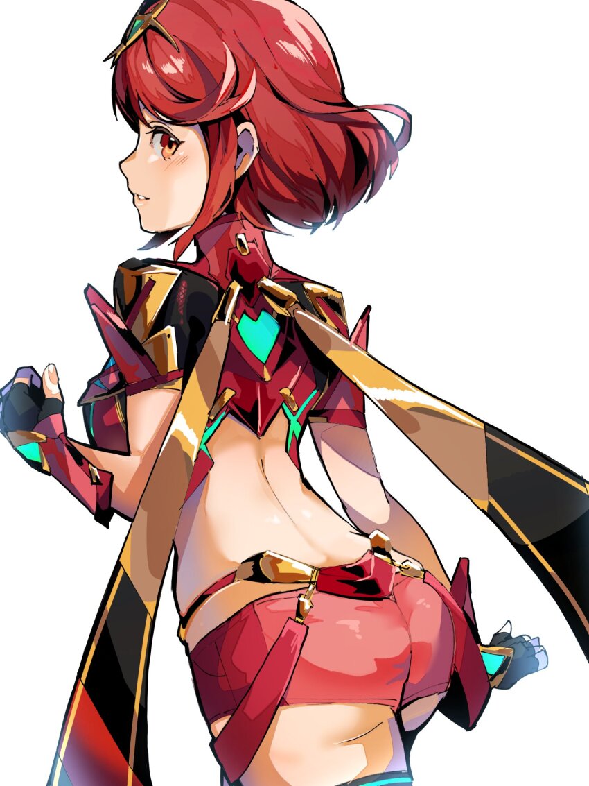 1girl 4me3ba_niku ass bob_cut hashtag-only_commentary highres looking_at_viewer looking_back median_furrow pyra_(xenoblade) red_hair short_hair simple_background smile solo tiara white_background xenoblade_chronicles_(series) xenoblade_chronicles_2
