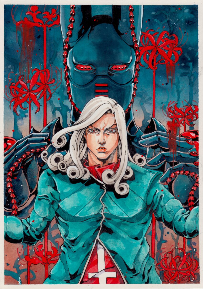 1boy 1other absurdres araki_hirohiko_(style) blue_coat coat commentary compound_eyes cross cross_print curly_hair dirty_deeds_done_dirt_cheap english_commentary flower funny_valentine grey_hair highres jojo_no_kimyou_na_bouken long_hair mask mouth_mask painting_(medium) red_eyes red_shirt shirt spider_lily spoilers stand_(jojo) steel_ball_run traditional_media watercolor_(medium) xfkart