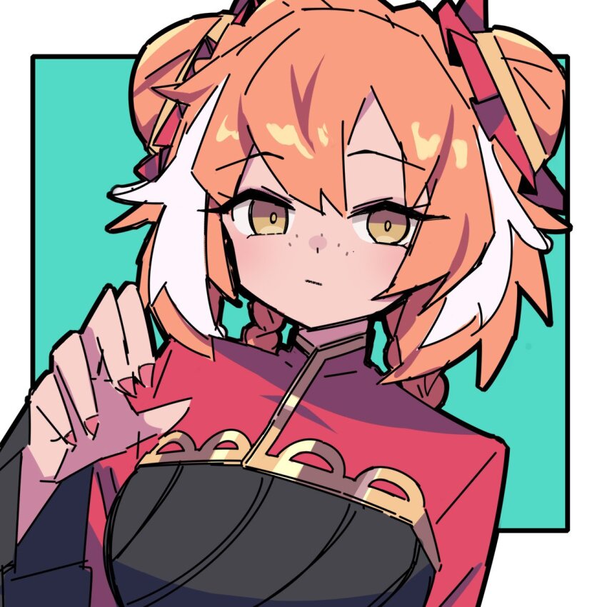 1girl an_apple_akaao aqua_background black_dress border braid chinese_clothes double_bun dress family_hierarch_candidate_(identity)_(project_moon) freckles hair_bun ishmael_(project_moon) limbus_company long_hair looking_at_viewer multicolored_hair orange_hair pink_nails project_moon red_shrug simple_background solo streaked_hair twin_braids upper_body very_long_hair white_border white_hair