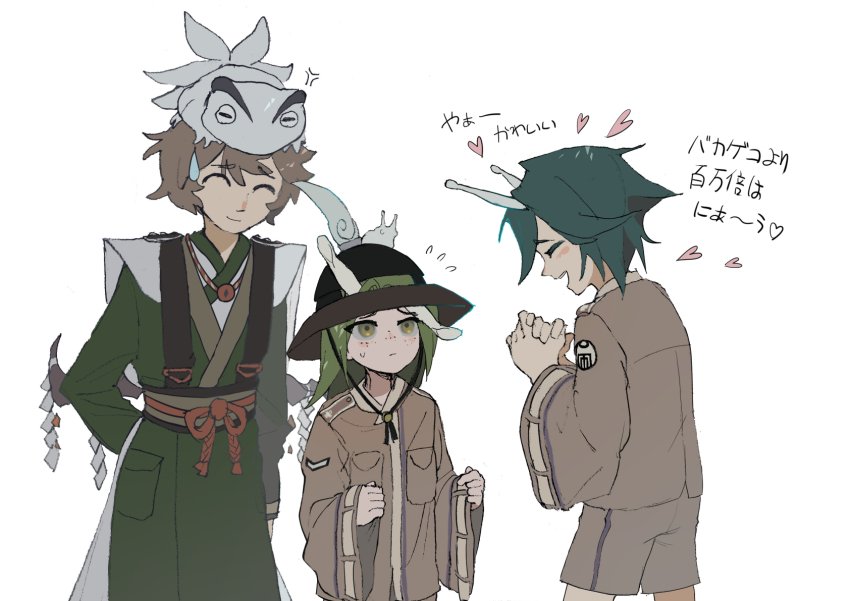 3others amanomori_shou androgynous anger_vein animal animal_on_head antennae arm_behind_back azuma_kaisen azuma_kaisen_(frog) black_headwear brown_hair brown_jacket brown_shorts cape closed_eyes closed_mouth coat commentary_request favnvs_(s910a_ib6) flying_sweatdrops freckles frog_on_head green_coat green_eyes green_hair hat heart highres jacket kesa_kujiru len&#039;en long_sleeves multiple_others nervous_smile ogata_garaiya on_head open_mouth other_focus own_hands_together pocket short_hair shorts simple_background slug smile sweat sweatdrop translation_request white_background white_cape wide_sleeves