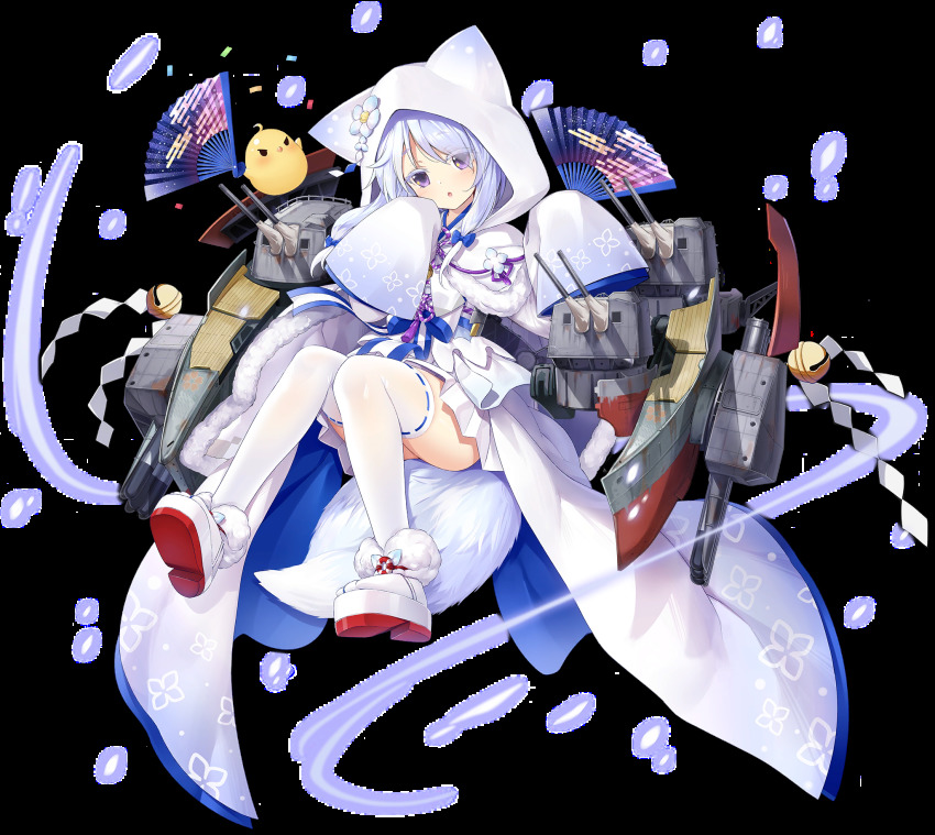 1girl animal_ears azur_lane cloak colored_eyelashes female_focus folding_fan full_body hand_fan highres hood hooded_cloak japanese_clothes long_sleeves looking_at_viewer manjuu_(azur_lane) open_mouth purple_eyes rigging ship_turret smile solo thighhighs transparent_background uranami_(azur_lane) white_eyelashes white_hair white_thighhighs wide_sleeves