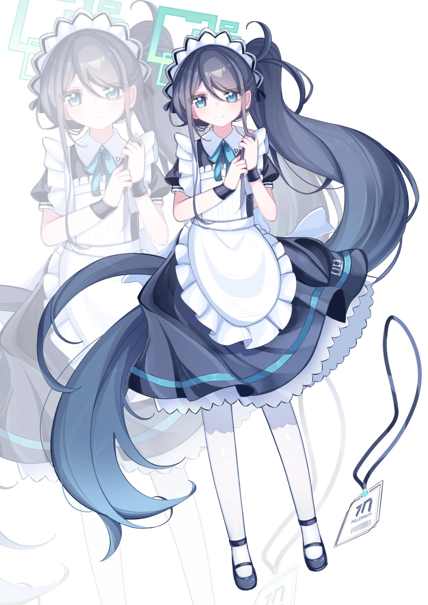 1girl absurdly_long_hair absurdres antenna_hair apron aqua_eyes aqua_ribbon aris_(blue_archive) aris_(maid)_(blue_archive) back_bow bainiaohuan black_dress black_hair black_shoes black_wrist_cuffs blue_archive bow chinese_commentary closed_mouth collared_dress commentary_request contrast_collar dress eyes_visible_through_hair floating_hair frilled_apron frilled_dress frills full_body green_halo halo highres holding holding_own_hair id_card light_smile long_hair long_sidelocks looking_at_viewer maid maid_apron making-of_available mary_janes neck_ribbon number_print official_alternate_costume official_alternate_hairstyle pantyhose parted_bangs ponytail puffy_short_sleeves puffy_sleeves rectangular_halo ribbon shoes short_sleeves sidelocks simple_background solo standing very_long_hair white_apron white_background white_bow white_pantyhose wrist_cuffs zoom_layer
