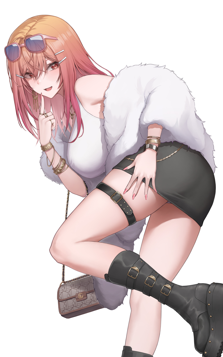 1girl :d absurdres ahoge alternate_costume ass bag belt bent_over black_boots black_skirt boots bracelet colored_inner_hair commentary crossed_bangs earrings english_commentary eyewear_on_head fingernails fur_jacket gradient_hair hair_ornament hairclip hand_on_own_hip hand_up handbag highres hololive hololive_dev_is ichijou_ririka index_finger_raised jacket jewelry knee_boots long_fingernails long_hair miniskirt multicolored_hair multiple_rings nail_polish off_shoulder open_mouth orange_eyes orange_hair panties pantyshot pencil_skirt pink_hair pink_nails platform_boots ring simple_background skirt smile solo steelball_(jwk76806995) sunglasses tank_top thigh_belt thigh_strap underwear virtual_youtuber white_background white_jacket white_panties white_tank_top