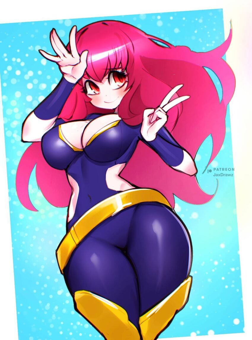 1girl belt blush bodysuit breasts choker cleavage closed_mouth clothing_cutout facial_mark fire_emblem fire_emblem_engage gold_belt hair_ornament highres jaxdrawz large_breasts long_hair looking_at_viewer nintendo purple_bodysuit red_eyes red_hair side_cutout simple_background smile solo star_(symbol) star_facial_mark star_hair_ornament thick_thighs thighs v wide_hips yellow_belt yunaka_(fire_emblem)