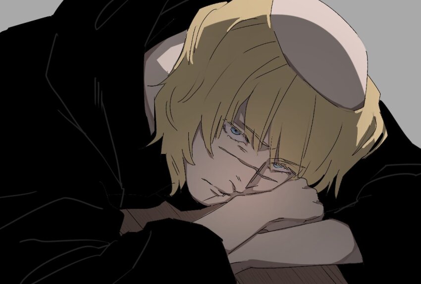 1boy badeni black_robe blonde_hair blue_eyes blunt_bangs chi.:_chikyuu_no_undou_ni_tsuite closed_mouth crossed_arms grey_background long_sleeves looking_at_viewer male_focus nattuiuriowari robe scar scar_on_face scar_on_mouth scar_on_nose short_hair solo tonsure upper_body