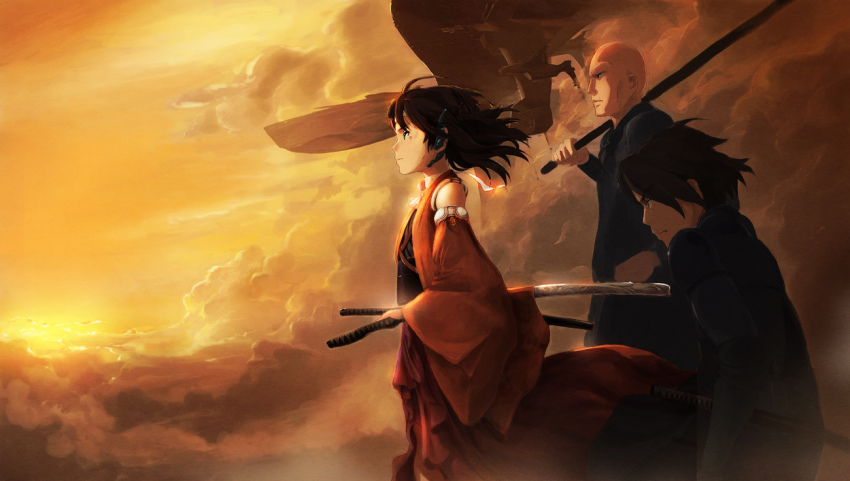 1girl 3boys black_hair brown_hair detached_sleeves multiple_boys original revision shiika_sadamasa weapon wind