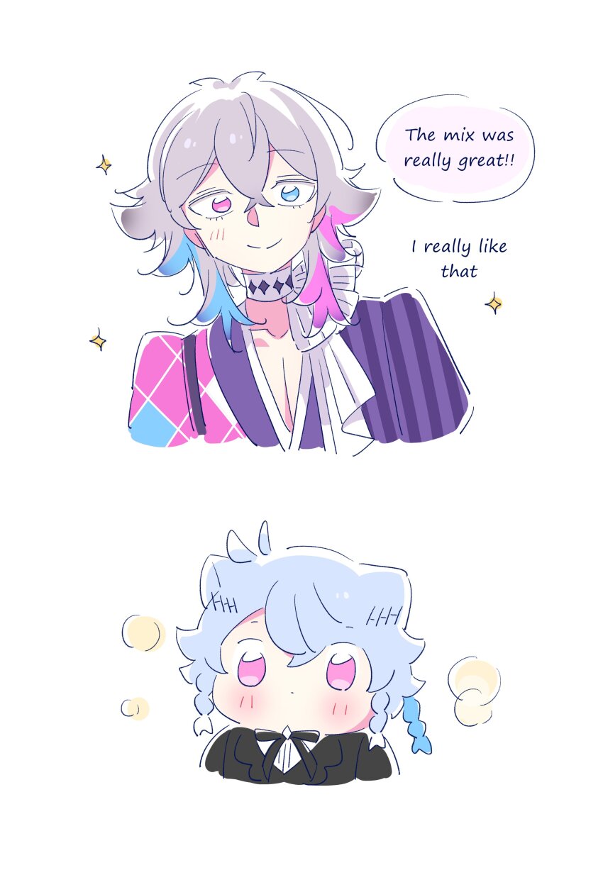 2boys absurdres awestruck bishounen blue_eyes blue_hair blush chibi coat commentary cropped_shoulders crossed_bangs english_commentary english_text eyelashes gavis_bettel gavis_bettel_(1st_costume) grey_hair hair_between_eyes heterochromia highres holostars holostars_english looking_at_viewer makoto_shih male_focus medium_hair multicolored_coat multicolored_hair multiple_boys octavio pink_eyes pink_hair scarf simple_background smile sparkle speech_bubble striped_coat virtual_youtuber white_background white_scarf