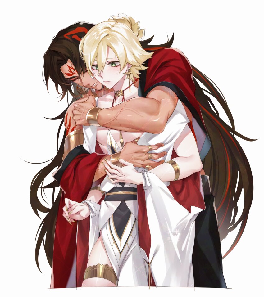 2boys absurdres arm_tattoo asura_(onmyoji) black_hair blonde_hair closed_eyes closed_mouth cowboy_shot earrings eyeliner facial_mark fingernails height_difference highres hug hug_from_behind jewelry konsai_2 light_blush long_hair makeup male_focus multicolored_hair multiple_boys multiple_rings muscular muscular_male nail_polish onmyoji red_eyeliner red_hair red_tattoo ring sharp_fingernails short_hair simple_background streaked_hair taishakuten_(onmyoji) tattoo thighs toned toned_male two-tone_hair veins veiny_arms veiny_hands white_background yaoi yellow_nails