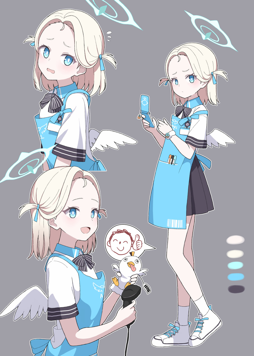 1boy 1girl :d absurdres angel&#039;s_24_uniform_(blue_archive) apron barcode barcode_scanner black_skirt blonde_hair blue_apron blue_archive blue_eyes blue_halo bow bowtie cashier cellphone closed_mouth color_guide flip_phone forehead halo highres holding holding_barcode_scanner holding_phone id_card light_blush looking_at_viewer medium_hair mini_wings multiple_views object_in_pocket open_mouth outline pen_in_pocket petite phone pleated_skirt pocket polo_shirt scrunchie sensei_(blue_archive) shirt shoes short_sleeves simple_background skirt smile socks sora_(blue_archive) spoken_character store_clerk two_side_up vector_(dmlddmld00) white_footwear white_outline white_shirt white_socks white_wings wings wrist_scrunchie