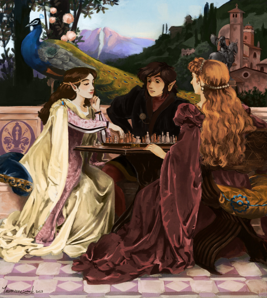 1boy 2girls bird brown_hair dress earrings elf highres jewelry link long_hair multiple_girls nintendo outdoors pointy_ears princess_zelda sidelocks sitting the_legend_of_zelda the_legend_of_zelda_(nes) tiara zelda_ii:_the_adventure_of_link