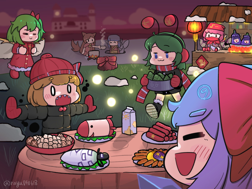 6+girls :3 :d alternate_costume antennae bamboo_shoot black_coat blonde_hair blue_eyes blue_hair blush boots bow circled_9 cirno closed_mouth coat commentary_request cooking cup daikon daiyousei dao_fu disposable_cup earmuffs fire fireflies food full_body good_fortune_symbol grass_root_youkai_network hair_bow highres hongbao hot_dog ice imaizumi_kagerou in-universe_location knife lake lantern market_stall medium_hair mermaid milk_carton mimi-chan missile misty_lake mittens monster_girl multiple_girls mushroom mystia_lorelei open_mouth outdoors paper_lantern puffy_coat radish ray_u red_bow red_mittens rumia scarlet_devil_mansion sekibanki sharp_teeth shiitake short_hair smile soga_no_tojiko soga_no_tojiko_(radish) swept_bangs t-pose team_9_(touhou) teeth touhou touhou_(pc-98) upper_body wakasagihime white_eyes wriggle_nightbug yomotsu_hisami