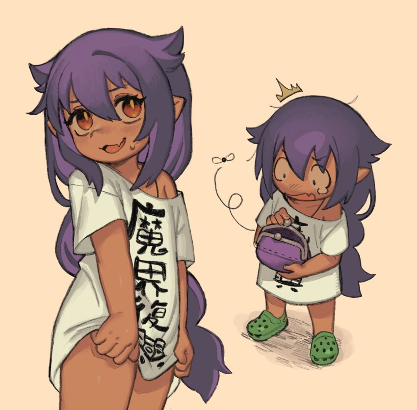 1girl ^^^ bare_shoulders beige_background bottomless braid braided_ponytail bug child clothes_writing cowboy_shot crocs dark-skinned_female dark_skin fang feet female_focus fly full_body green_footwear hair_between_eyes hands_on_own_thighs highres insect jahy jahy-sama_wa_kujikenai! japanese_text long_hair multiple_views no_pants off_shoulder open_mouth orange_eyes pointy_ears shirt sidelocks simple_background single_braid smile snugglepuff28 sweat sweatdrop t-shirt tearing_up toes white_shirt wide-eyed