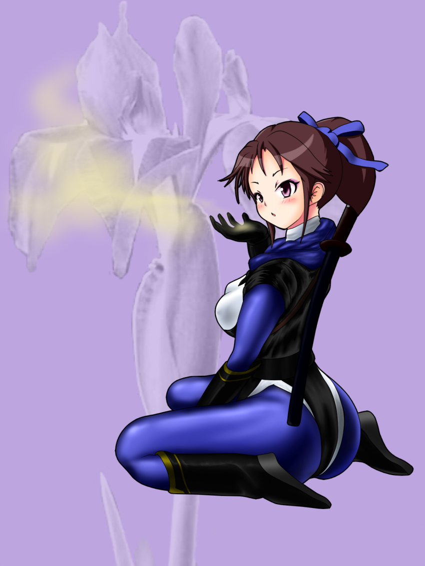 1girl animification ass ayame_(kakuranger) black_eyes black_hair blowing bodysuit breasts dust female_focus gloves hana_no_kunoichi_gumi highres long_hair ninja_sentai_kakuranger ponytail sitting sneezy solo super_sentai sword wariza weapon