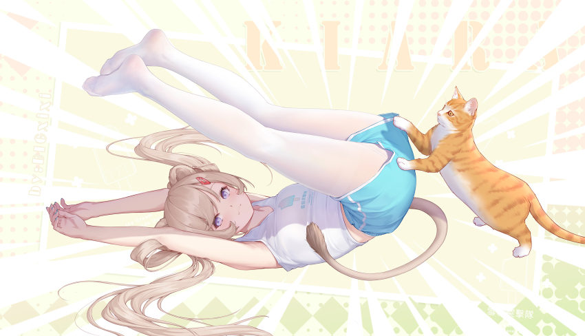 1girl animal animal_ears arms_up bare_arms bare_shoulders bigxixi blue_nails blue_shorts breasts brown_hair cat clothes_writing commentary_request folded full_body hair_ornament hairclip highres kneepits long_hair lying nail_polish no_shoes on_back original pantyhose pantyhose_under_shorts purple_eyes shorts small_breasts soles solo tail tank_top thighband_pantyhose translation_request twintails very_long_hair white_pantyhose white_tank_top