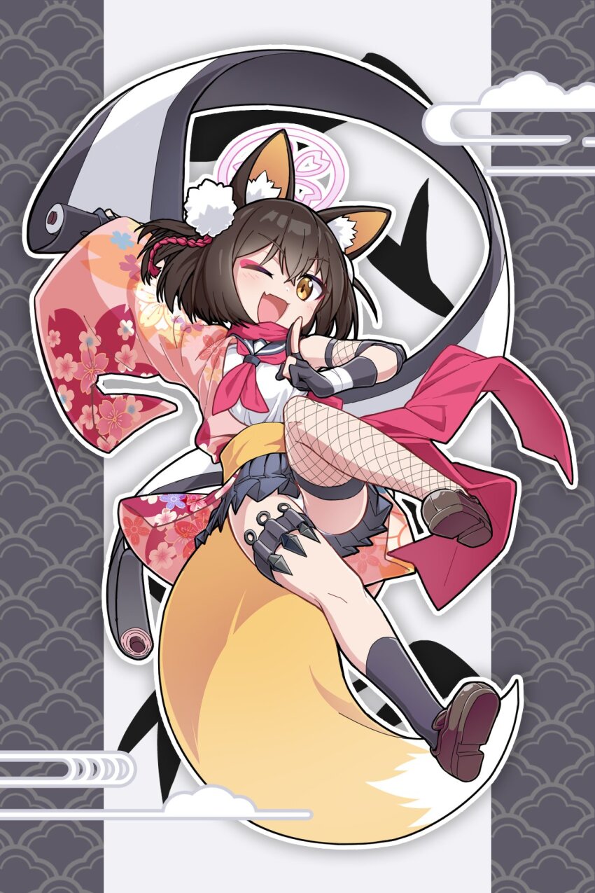 1girl ;d animal_ear_fluff animal_ears arm_up asymmetrical_legwear black_gloves black_hair black_skirt black_socks blue_archive blush border brown_shoes cherry_blossom_print fingerless_gloves fishnet_thighhighs fishnets floral_print floral_print_kimono fox_ears fox_girl fox_tail full_body gloves grey_background halo hand_up happy hashtag-only_commentary highres holding holding_scroll izuna_(blue_archive) japanese_clothes kimono kuji-in kunai legs loafers looking_at_viewer medium_hair miniskirt mismatched_legwear needle_(574187457) ninja obi off_shoulder one_eye_closed one_side_up open_mouth outline outside_border panties partially_fingerless_gloves pink_halo pink_kimono pleated_skirt print_kimono sailor_collar sash school_uniform scroll serafuku shirt shoes simple_background single_sock single_thighhigh skirt sleeveless sleeveless_shirt smile socks solo tail thighhighs thighs underwear upskirt weapon white_border white_outline white_panties white_shirt yellow_eyes