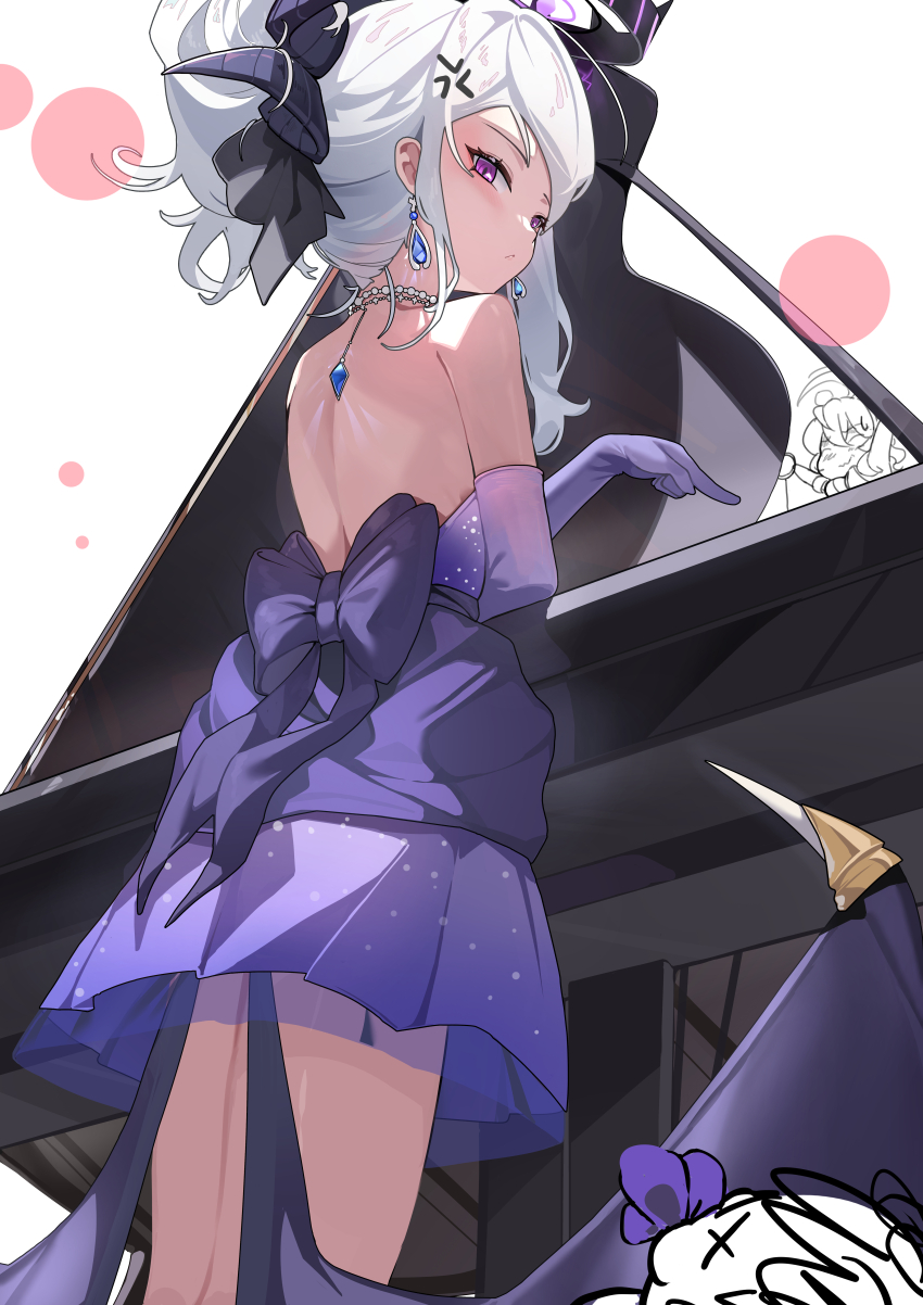 1girl absurdres ako_(blue_archive) ako_(dress)_(blue_archive) back back_ribbon backless_dress backless_outfit blue_archive ct.ender dress earrings elbow_gloves gloves highres hina_(blue_archive) hina_(dress)_(blue_archive) instrument jewelry long_hair looking_back necklace piano purple_dress purple_eyes purple_gloves solo standing strapless strapless_dress white_hair
