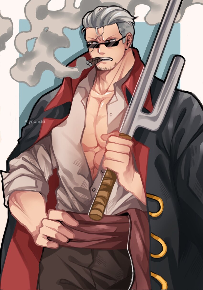 1boy alynomali bara facing_ahead hand_on_own_hip highres holding holding_weapon large_pectorals male_focus muscular muscular_male official_alternate_costume one_piece open_clothes open_shirt pectoral_cleavage pectorals short_hair smoke smoker_(one_piece) smoking solo sparse_stubble standing stitches sunglasses tsurime weapon white_hair