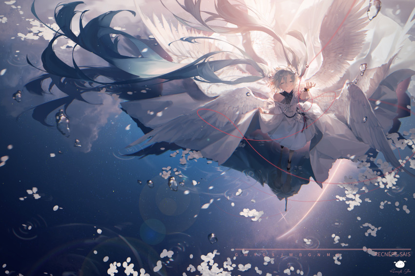 1girl absurdly_long_hair artist_name backwards_text black_shoes closed_mouth commentary_request dress feathered_wings floating_hair flower from_above hand_up hatsune_miku highres long_hair looking_at_viewer looking_up multiple_wings reflection ripples rose shoes solo spencer_sais standing twintails very_long_hair vocaloid water white_dress white_flower white_rose white_wings wings