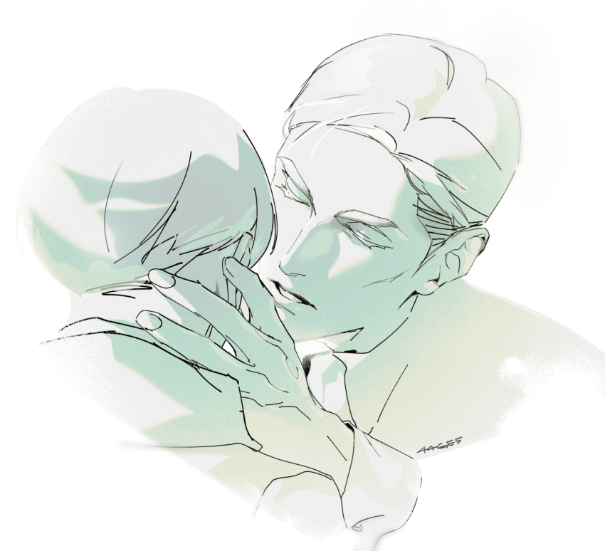 2boys 44ge5 closed_eyes collared_shirt commentary_request erwin_smith fingernails hand_on_another&#039;s_face imminent_kiss korean_commentary levi_(shingeki_no_kyojin) male_focus multiple_boys parted_lips shingeki_no_kyojin shirt short_hair sideburns simple_background sleeve_cuffs thick_eyebrows white_background yaoi