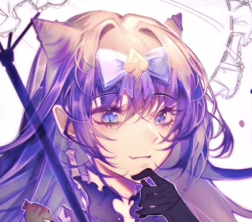 1girl arcaea black_gloves blue_bow blue_eyes bow closed_mouth cone_hair_bun double_bun earrings fang gloves hair_between_eyes hair_bow hair_bun hair_intakes highres jewelry jiuyujianbaishi light_smile long_hair parasol portrait purple_hair ribbon-trimmed_umbrella solo tairitsu_(arcaea) tairitsu_(tempest)_(arcaea) umbrella white_umbrella