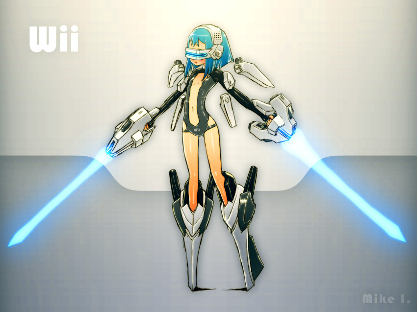 1girl aqua_hair blue_hair clothing_cutout detached_wings dual_wielding energy_sword female_focus flat_chest full_body game_console gradient_hair head-mounted_display highres holding mecha_musume mechanization mike_inel multicolored_hair navel neon_trim nintendo personification revealing_clothes side_cutout solo standing sword weapon wii wii-tan wings