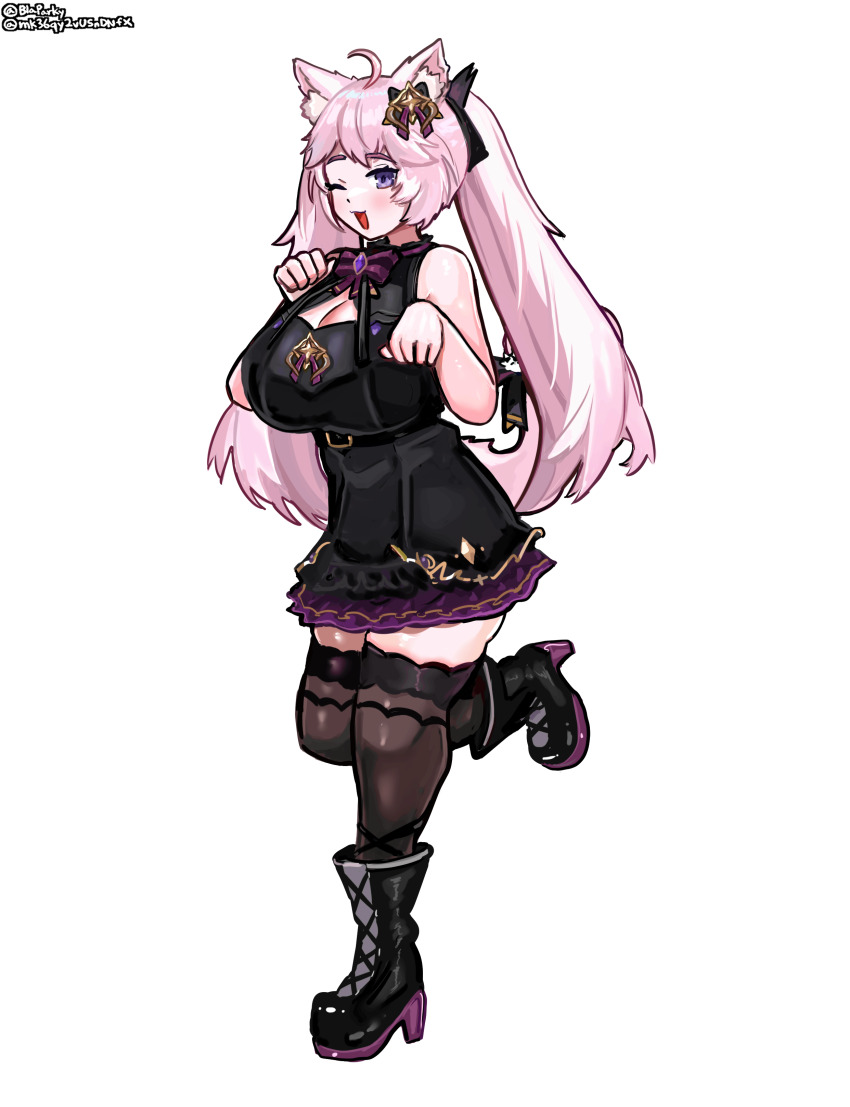 1girl :3 absurdres ahoge animal_ears bare_shoulders belt black_belt black_boots black_dress black_thighhighs blaparky blush boots bow bowtie breasts cat_ears cat_girl cat_tail cleavage commentary dress english_commentary feet_up full_body hair_ornament highres huge_breasts indie_virtual_youtuber large_breasts long_hair looking_at_viewer nyatasha_nyanners one_eye_closed open_mouth paw_pose pink_hair purple_bow purple_bowtie purple_eyes purple_skirt simple_background skirt smile solo striped_bow striped_bowtie striped_clothes tail tail_bow tail_ornament thighhighs thighs twintails twitter_username virtual_youtuber white_background