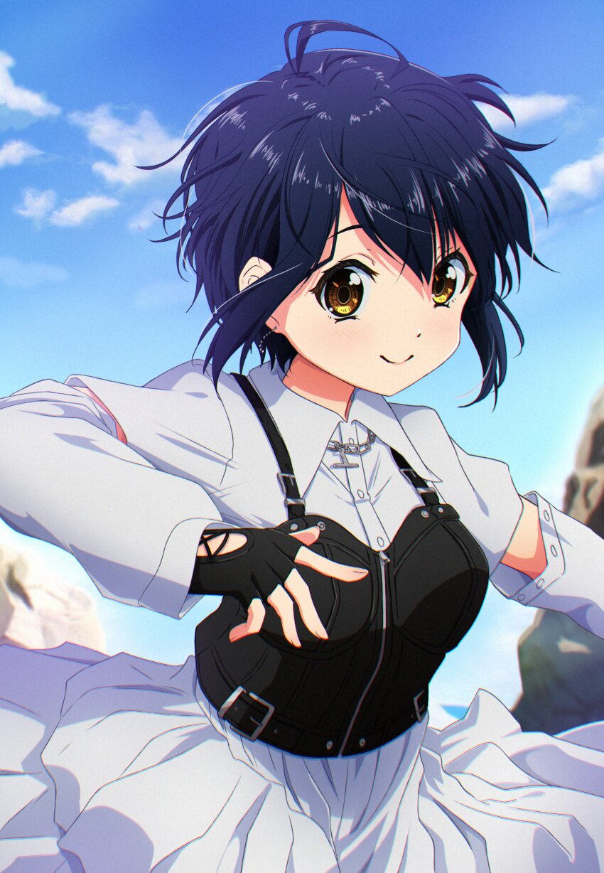 1girl 22/7 absurdres ahoge belt belt_buckle black_belt black_gloves black_hair blurry bodice brown_eyes buckle closed_mouth collared_dress cowboy_shot dancing day depth_of_field dress earrings fingerless_gloves floating_hair gloves highres igashiko jewelry long_sleeves necklace outdoors rock rock_wa_shinanai short_hair smile solo takigawa_miu wavy_hair white_dress
