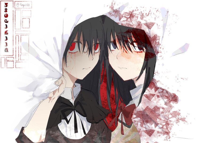 2girls aayoii_00 akemi_homura akemi_homura_(black_dress) black_dress blood bloody_tears bow bowtie closed_mouth commentary dress dual_persona highres long_hair looking_at_viewer mahou_shoujo_madoka_magica mahou_shoujo_madoka_magica:_hangyaku_no_monogatari mitakihara_school_uniform multiple_girls portrait purple_eyes red_bow red_bowtie red_eyes school_uniform twitter_username