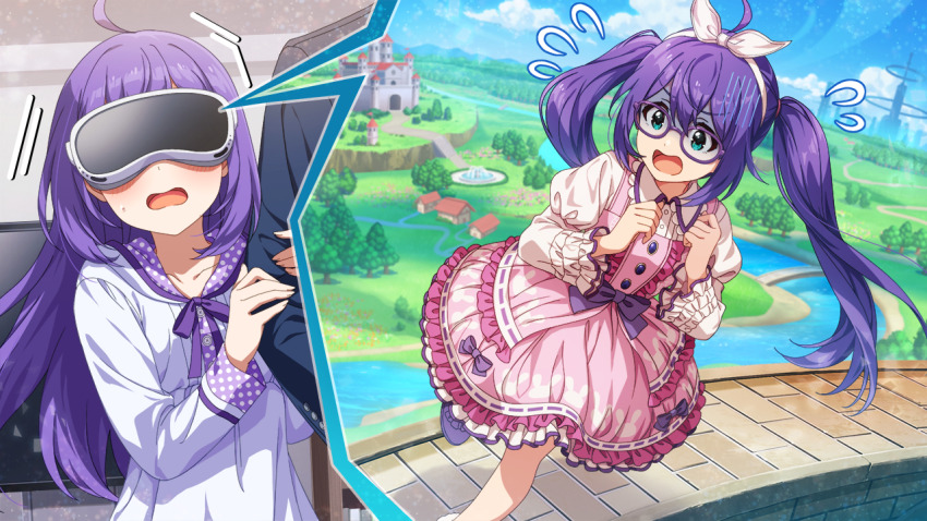 blue_eyes blush bow bridge buttons castle cloud dress fountain frills game_cg glasses hairband head-mounted_display holding_another&#039;s_arm idolmaster idolmaster_million_live! idolmaster_million_live!_theater_days mochizuki_anna monitor mountainous_horizon neck_ribbon official_art open_mouth polka_dot puffy_sleeves purple_hair ribbon river shaded_face tree twintails