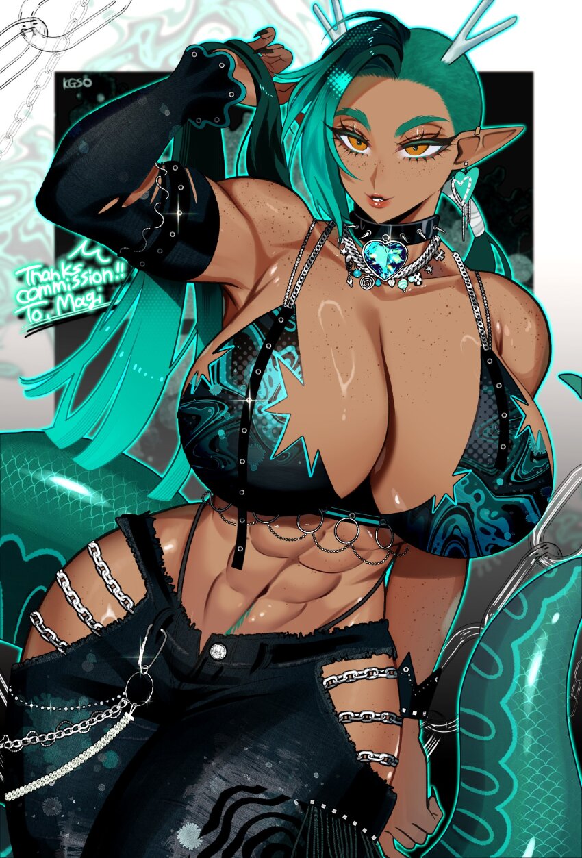 1girl abs absurdres aqua_hair aqua_outline aqua_tail asymmetrical_bangs asymmetrical_hair bachikin_(kingyo155) bare_shoulders black_bra black_pants black_sleeves blue_gemstone body_freckles bra breast_freckles breasts chain cleavage clothing_cutout collar commentary_request commission commissioner_name cowboy_shot crop_top dark-skinned_female dark_skin detached_sleeves dragon_girl dragon_horns dragon_tail earrings frayed_clothes freckles gem gothic_punk hand_up heart heart_earrings heart_pendant highres hip_vent holding holding_own_hair horns huge_breasts jewelry long_hair mallie_(lone_magi) multi-source_commentary navel navel_hair necklace o-ring orange_eyes original outline pants parted_lips pendant_choker pointy_ears ponytail ring_light_reflection sidecut single_detached_sleeve single_sleeve_cuff skeb_commission smile solo spiked_collar spikes stomach tail thank_you toned toned_female undercut underwear