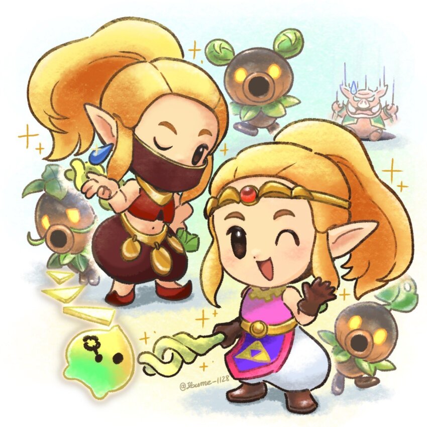 1girl ;d bare_shoulders blonde_hair brown_footwear brown_gloves brown_pants chibi commentary_request deku_scrub earrings gem gloves harem_outfit harem_pants highres holding holding_staff jewelry long_hair mask midriff moblin mouth_mask multiple_views navel nintendo official_alternate_costume official_alternate_hairstyle one_eye_closed open_mouth pants pelvic_curtain pink_shirt pointy_ears ponytail red_footwear red_gemstone shirt shoes sidelocks simple_background sleeveless sleeveless_shirt smile solid_oval_eyes sparkle staff suruga_kanade the_legend_of_zelda the_legend_of_zelda:_echoes_of_wisdom tiara tri_(zelda) tri_rod triforce twitter_username white_background white_pants