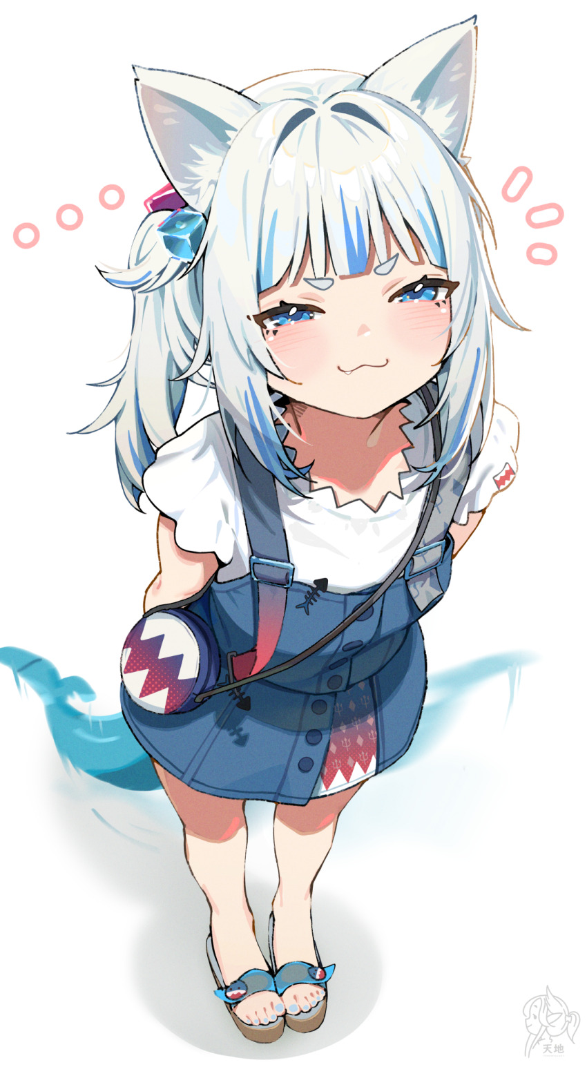 1girl :3 animal_ear_fluff animal_ears arms_behind_back bag blue_dress blue_eyes blue_hair blue_nails blunt_bangs cat_ears cube_hair_ornament dress fins fish_tail full_body gawr_gura gawr_gura_(casual) grey_hair hair_ornament highres hololive hololive_english leaning_forward long_hair looking_at_viewer multicolored_hair nail_polish official_alternate_costume official_alternate_hairstyle pinafore_dress sandals shark_girl shark_tail shirt short_dress short_eyebrows short_sleeves shoulder_bag side_ponytail simple_background sleeveless sleeveless_dress smile smug solo streaked_hair tail tenchi_mayo toenail_polish toenails two-tone_hair virtual_youtuber white_background white_shirt