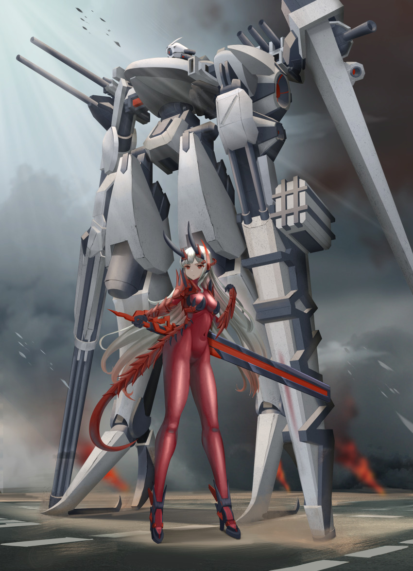 1girl absurdres artknight045 black_gloves bodysuit breasts cannon commentary full_body gloves gradient_hair grey_hair high_heels highres holding holding_sword holding_weapon horns long_hair mecha mecha_pilot_suit mechanical_horns medium_breasts multicolored_hair original red_bodysuit red_eyes red_hair robot science_fiction skin_tight solo sword symbol-only_commentary very_long_hair weapon