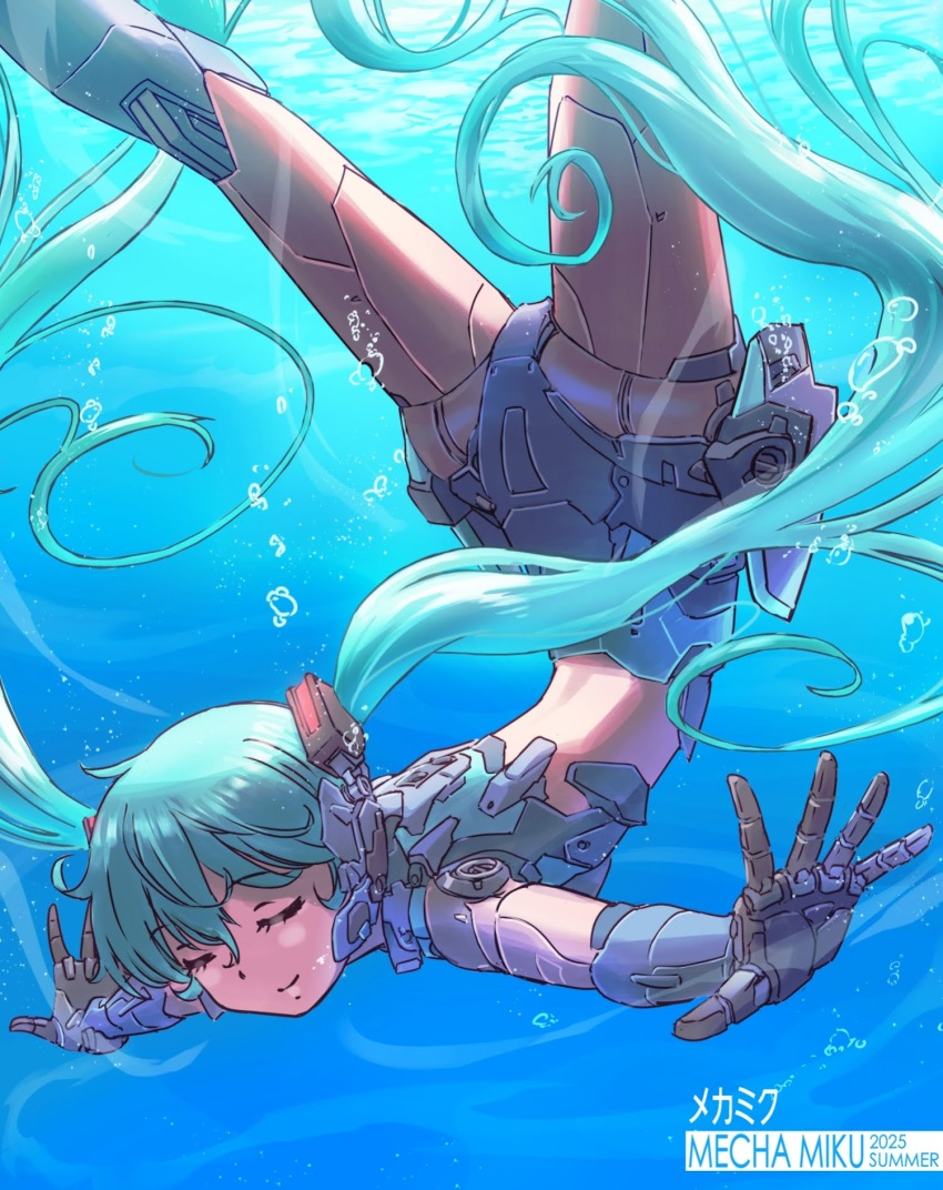 1girl air_bubble aqua_hair bubble closed_eyes commentary diving hatsune_miku highres joints long_hair marine_day mechanical_arms mechanical_legs outstretched_arms robot_girl robot_joints solo spread_arms tsune_(dreamers_express) underwater upside-down vocaloid
