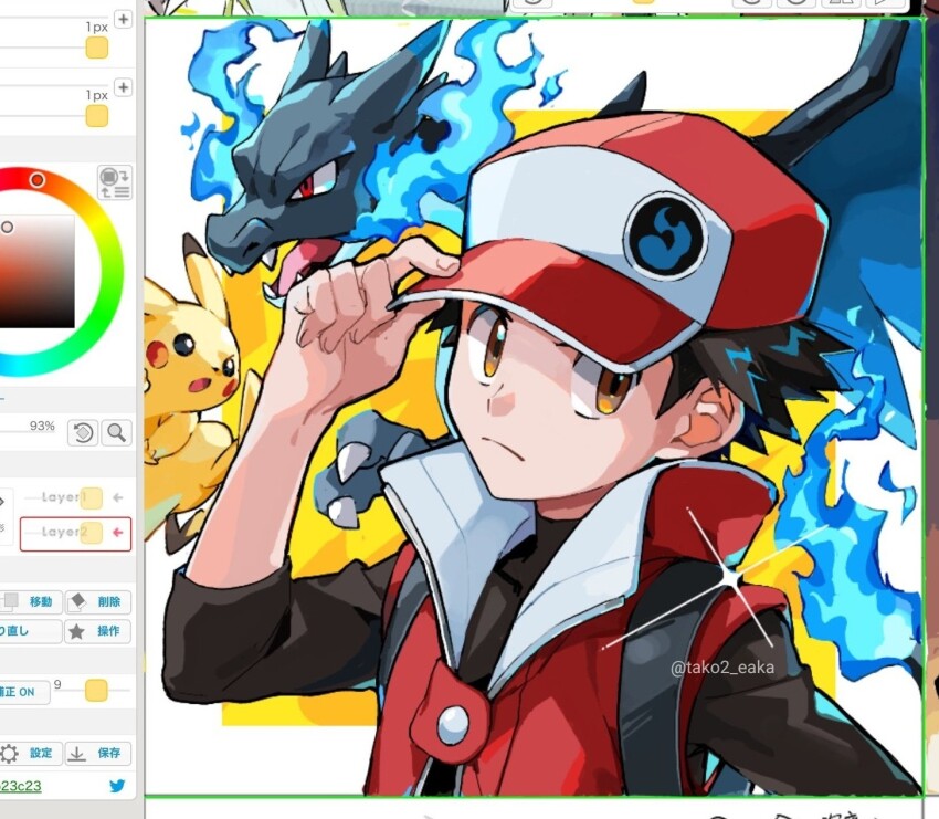 1boy art_program_in_frame backpack bag blue_fire brown_eyes buttons charizard closed_mouth coat creatures_(company) fire game_freak gen_1_pokemon hand_on_headwear hat highres looking_to_the_side male_focus mega_charizard_x mega_pokemon nintendo official_alternate_costume pikachu pokemon pokemon_(creature) pokemon_masters_ex red_(pokemon) red_(sygna_suit)_(pokemon) red_coat red_hat shirt short_hair tako2_eaka three-quarter_sleeves twitter_username watermark