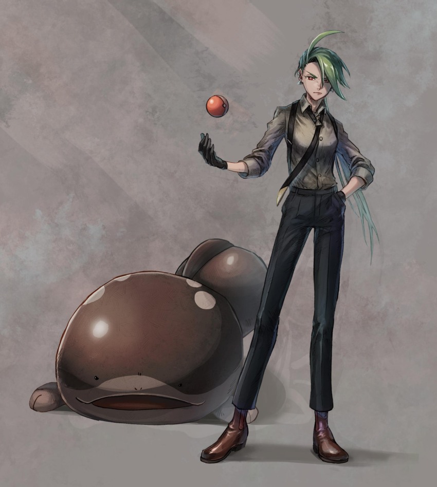1girl absurdres black_gloves black_pants boots bright_pupils brown_boots clodsire collared_shirt commentary_request creatures_(company) ear_piercing earrings full_body game_freak gloves green_hair hand_in_pocket highres hisui-cha jewelry long_hair neck nintendo pants piercing poke_ball pokemon pokemon_(creature) pokemon_sv red_eyes rika_(pokemon) shirt stud_earrings suspenders white_pupils